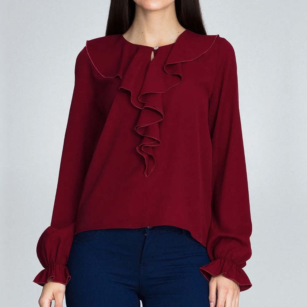 

New Women Chiffon Tops Spring Summer Shirt Butterfly Long Sleeve Leisure Button Sexy Loose Ruffled Collar Shirts Blusas Female