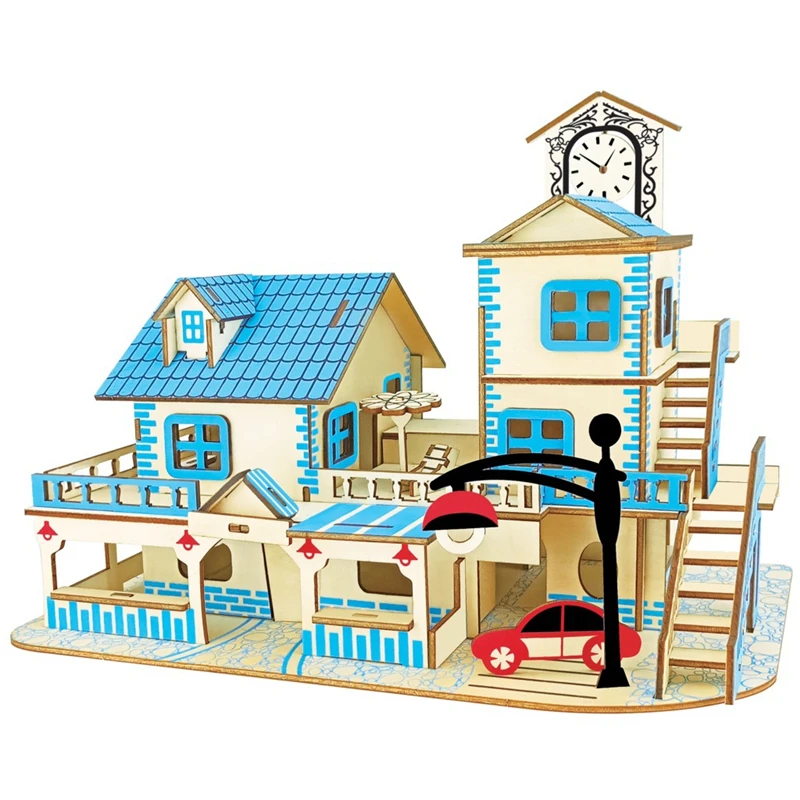 

3d Wooden House Early Learning Toys Aegean Sea Villa Puzzles for Kids Adults Interactive Game Doll House Furniture Diy Toys