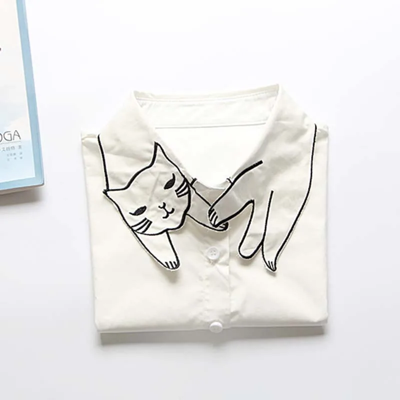 

England Retro Original Fake Collar Detachable Lapel Shirt Cute Cat Embroidery White Chiffon Collar Women's Clothing Accessories