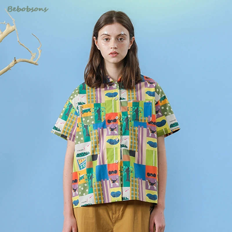 

Блузка женская шифоновая с коротким рукавом, свободная рубашка в стиле Харадзюку, топ с мультяшным принтом, оригинальный дизайн, на лето