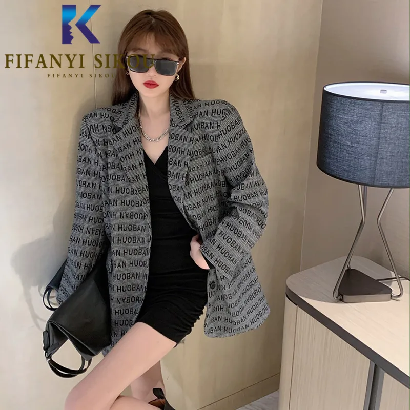 

Autumn Winter Woolen Blazer Jacket Women Streetwear Fashion Letter Print Suit Jacket Female Loose Lapel Chic Blazers Coat