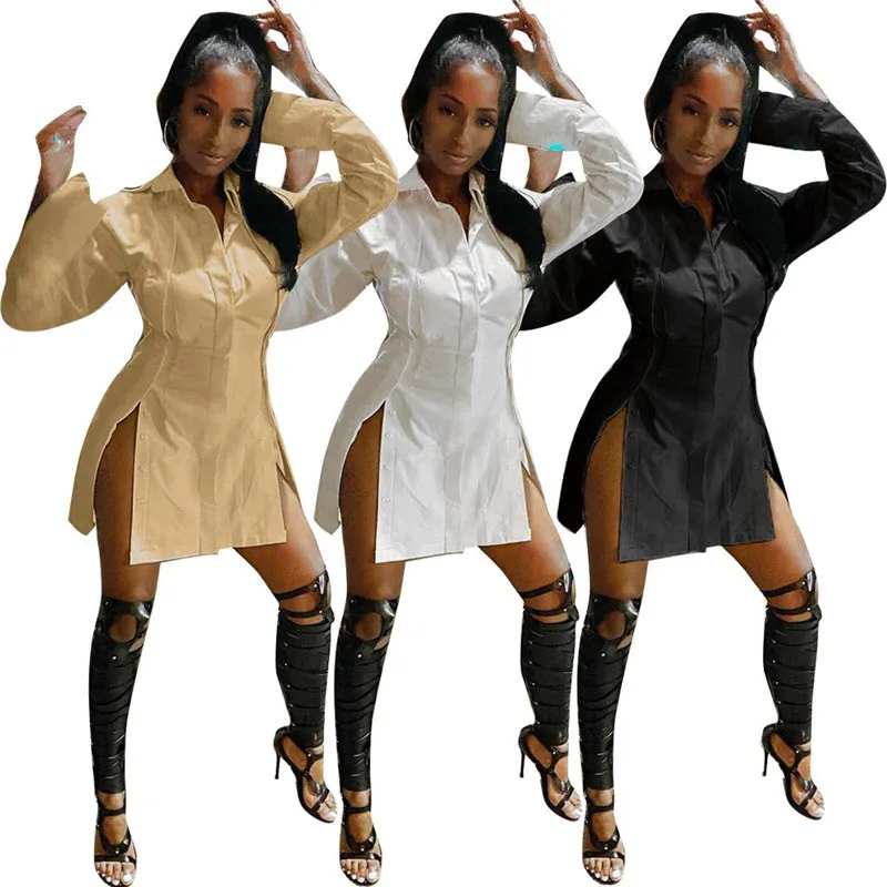 

WJFZQM Turn-Down Collar Button Split White Long Sleeve Shirt Dress Women Clothes Fashion Sexy Wrap Mini Dress Clubwear Vestidos