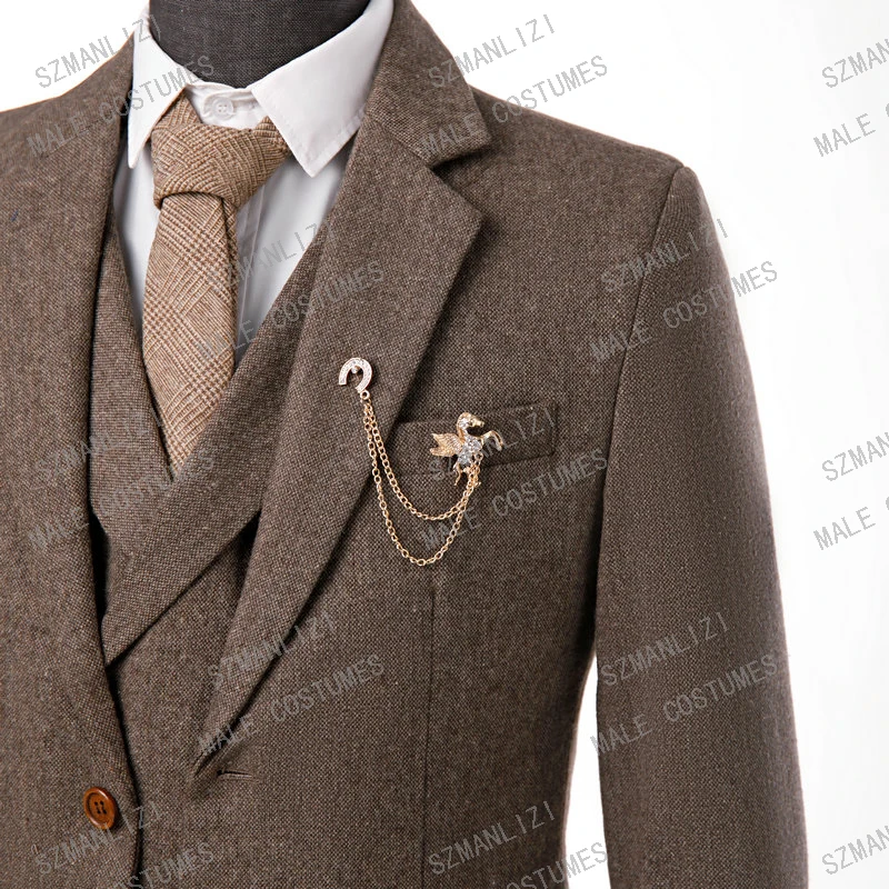 

SZMANLIZI 2020 Formal Wool Brown Herringbone Retro Gentleman Business Tweed Men Groom Wedding Suits For Men 3 Pieces Tuxedo