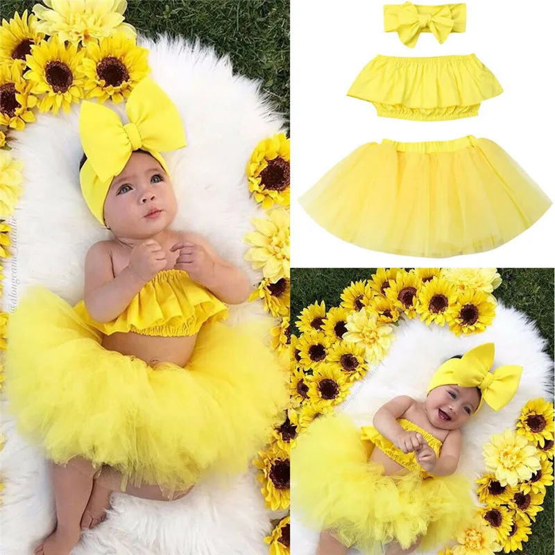 

Summer Kids Baby Girl Clothes Sets 3Pcs Cute Ruffle Strapless Crop Tops+Tulle Skirt Ball Gown+Headband Girl Outfits 0-24M