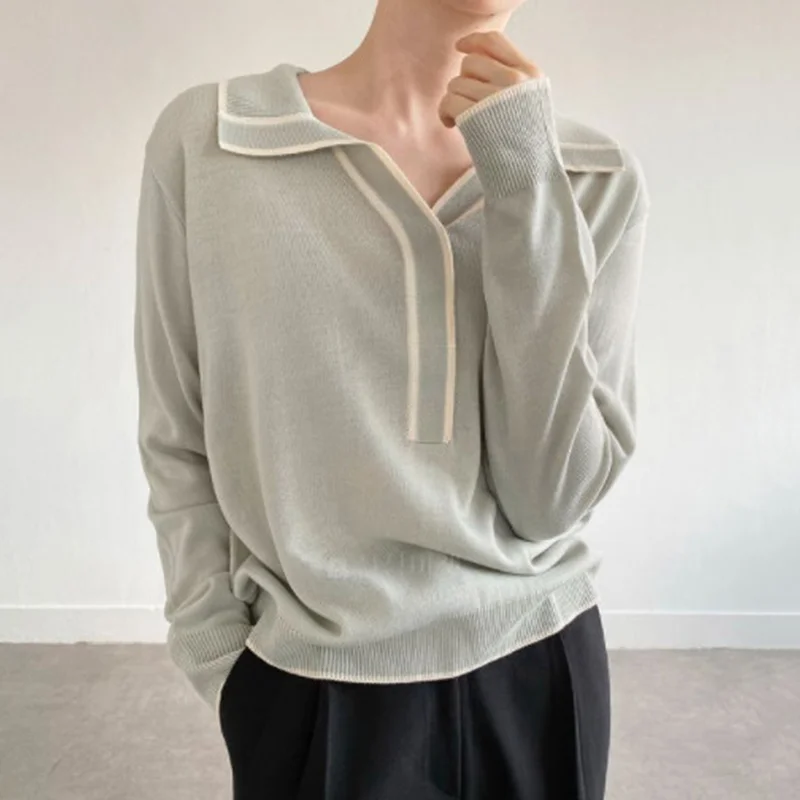 

Korean Women Sweater Chic Autumn Simple Lapel Color Matching Pullover Loose Leisure Soft Waxy Skin Close Long Sleeve