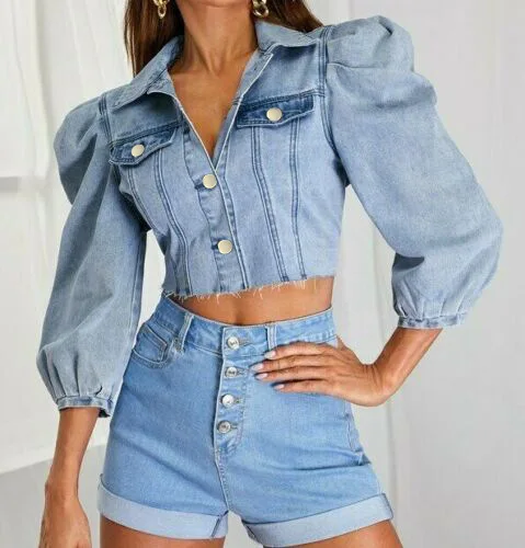 

Plus Size 3XL Women Cropped Jeans Jackets Women Autumn 2020 Ruched Puff Sleeve Slim Fit Denim Coat Short Turn Collar Femme Veste