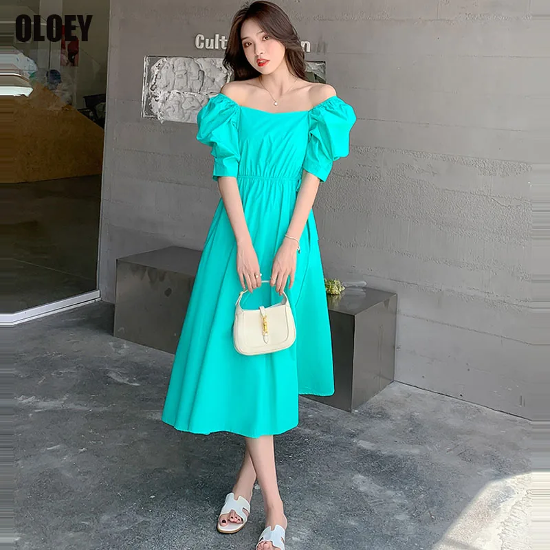 

French Holiday Party Dress 2021 Summer Women Fashion Dress Female Elegant Korean Slim Square Collar Puff Sleeve Dress Midi Dress