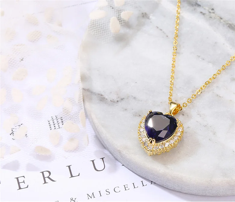 

Gold-plated sapphire necklace women European and American retro ocean heart pendant zircon jewelry