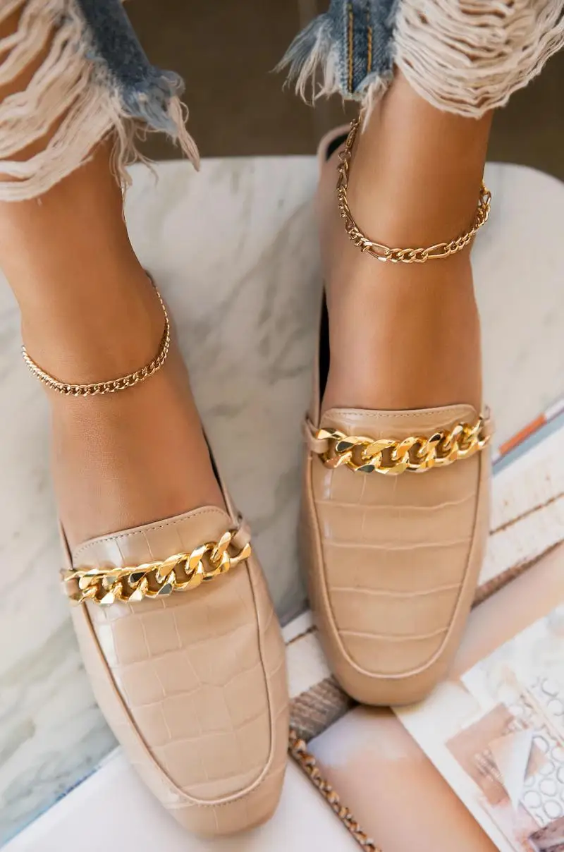 

Summer Women Casual Loafers Shoes 2021 New Metal Chain Solid Color Square Toe Flat Shoes Outdoor Ladies Slipper Slides For Women