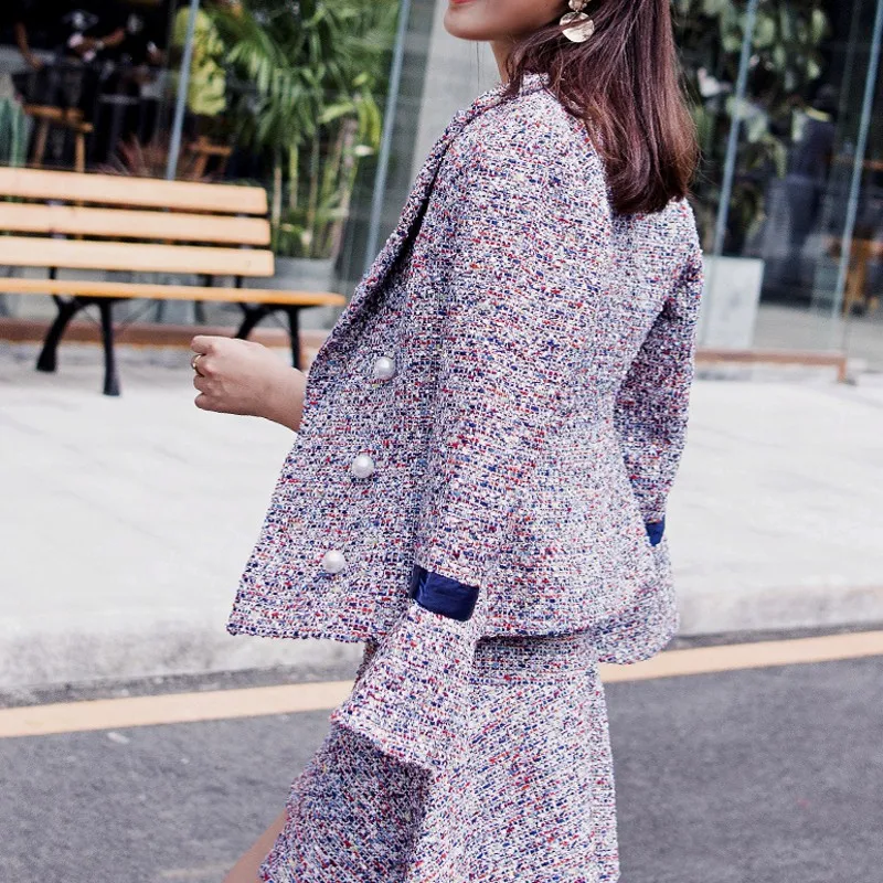 

Winter Woolen Small Fragrance Set Fashion Coat + Skirt Two-Piece Female Flare Sleeve Zipper Double Breasted Jackets Plaid Sets