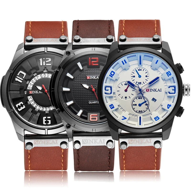 

Уникальные Кварцевые часы для мужчин, наручные часы из нержавеющей стали, спортивные коричневые, черные водонепроницаемые часы с кожаным р...