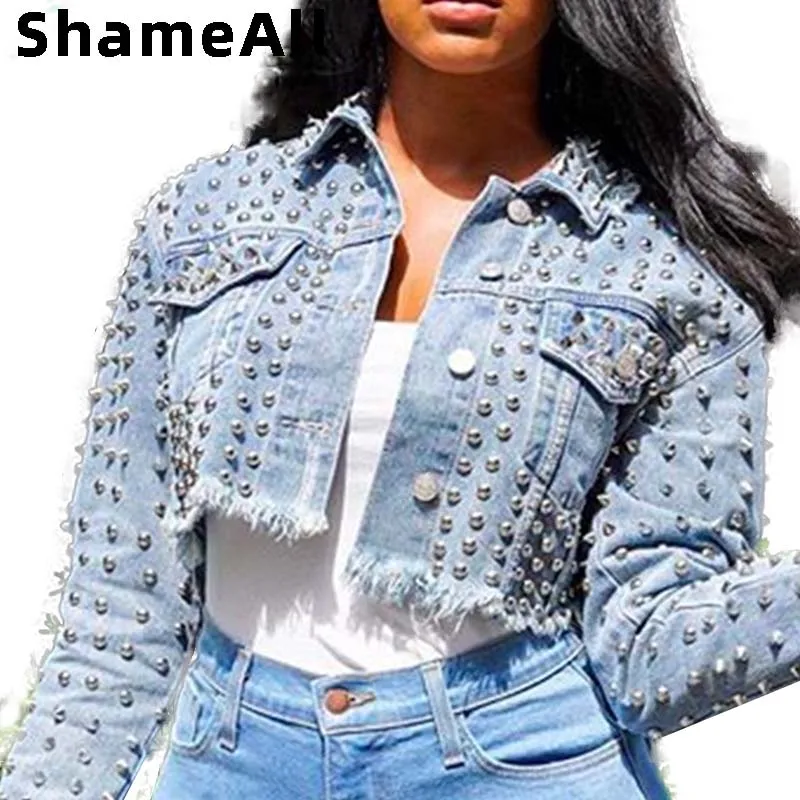

Plus Size Hand Rivet Studded Crop Tops Jeans Jackets 3XL Streetwear BF Ripped Holes Fringe Tassel Baggy Bomber Short Denim Coat