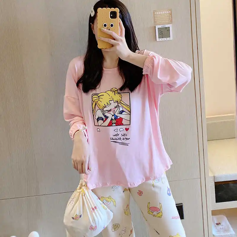 

Tonngirls Sailor Moon Pajamas Set Women Cartoon Sleepwear Long Sleeve Pijama Suit Female Sleep Two Piece Set Night Sleep Suit