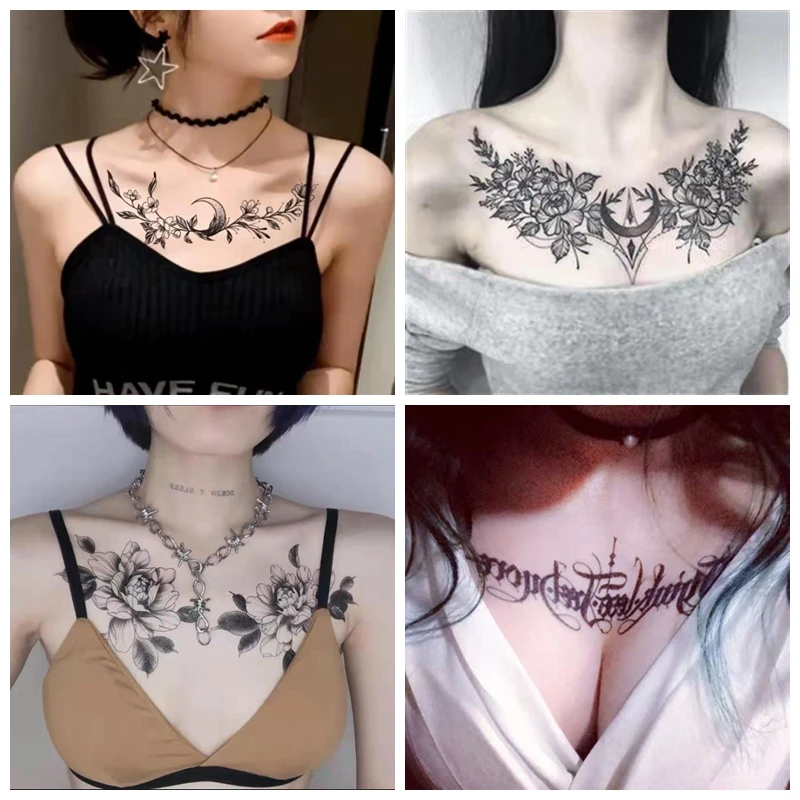 Dark Flower Temporary Tattoo Female Waterproof Sexy Gothic Clavicle Water Transfer Art Fake Tattoos Arm Chest Tattoo Stickers