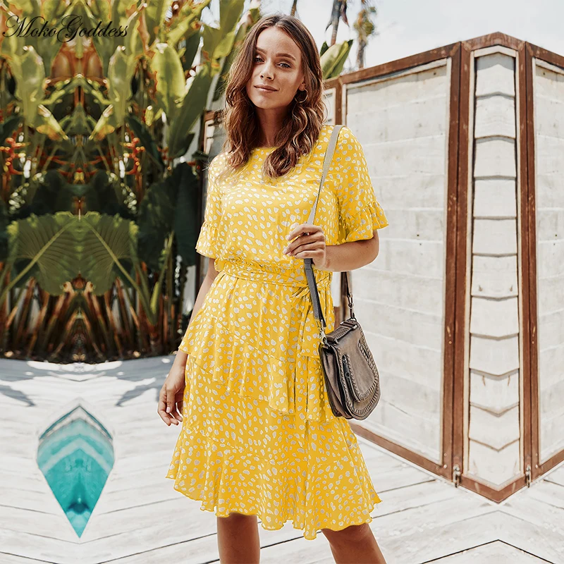 

Moko GoddessSummer Casual Butterfly Sleeve Print Dress Women Cascading Ruffle O-neck Knee-length Dress 2020 New