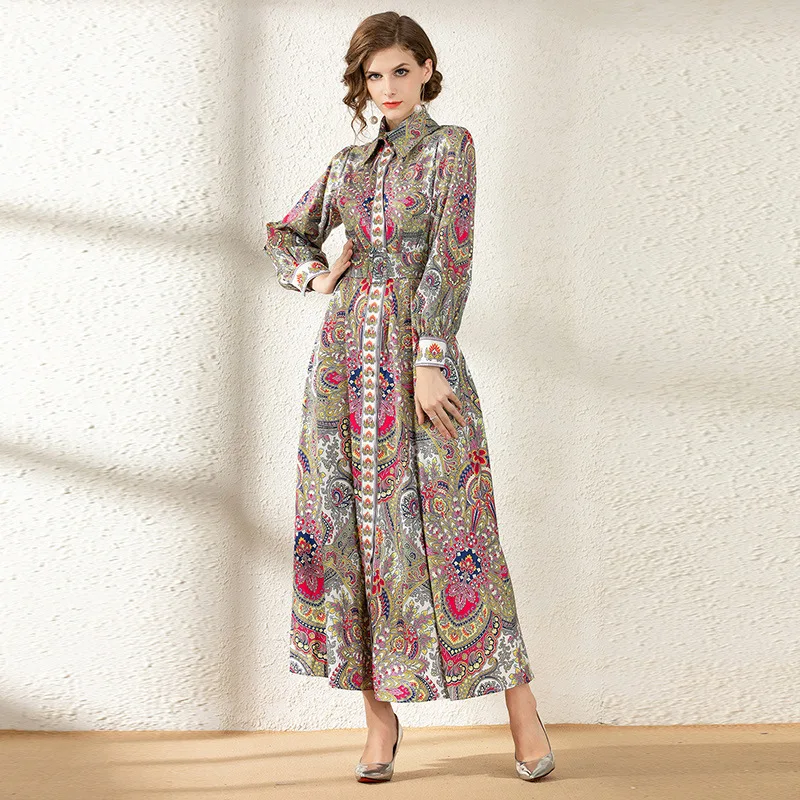 

Euramerican Ladies Court Noble Dress Print Long- Sleeve Turn-down Collar Elegant Sashes Bohemian Ankle-Length Cotton Women Dress