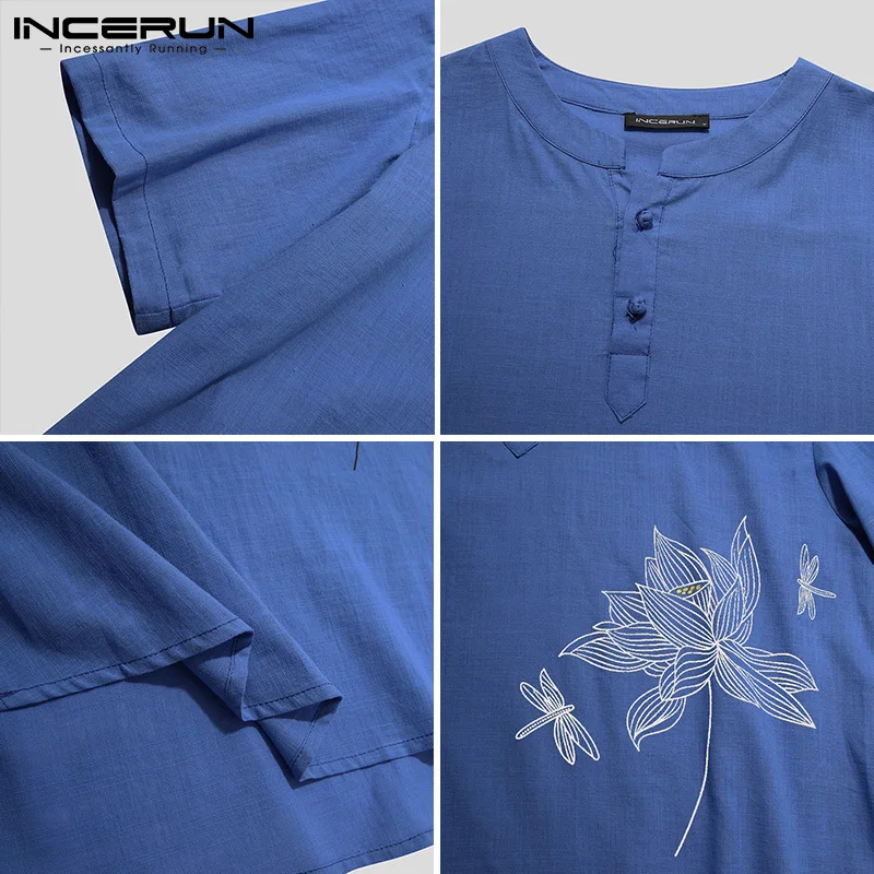 

INCERUN 2021 Men Shirt Printed Stand Collar Streetwear Vintage Breathable Half Sleeve Casual Tops Cotton Camisas Men Clothing