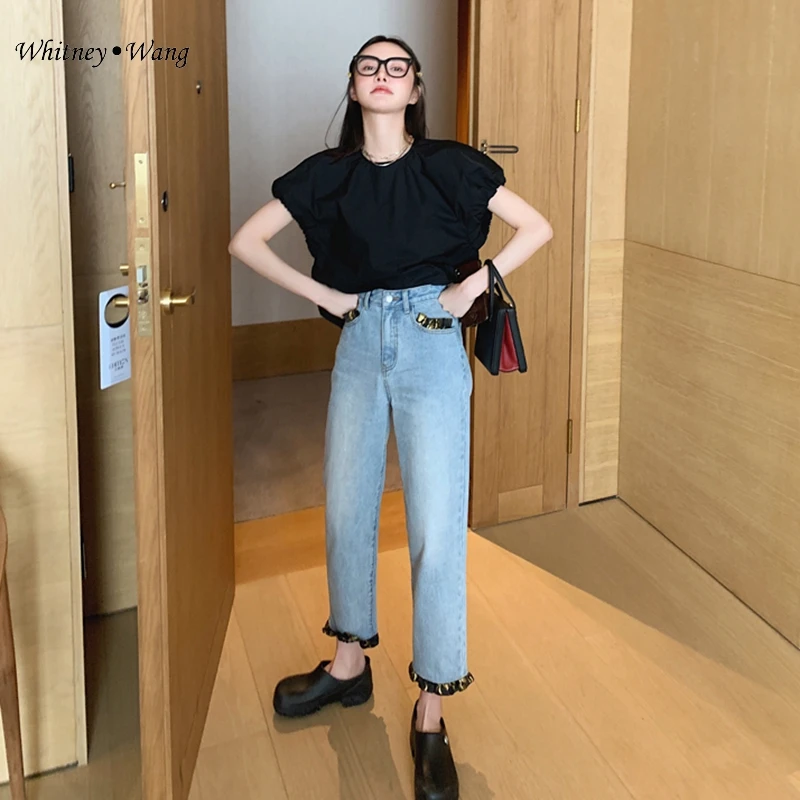 WHITNEY WANG 2020 модные уличные атласные гофрированные лоскутные джинсы женские