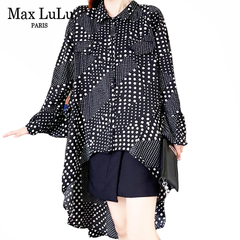 

Max LuLu 2021 Black Polka Dot Shirt Women Loose Casual Long Blouses Japan Irregular Design Ladies Harajuku Tops Vintage Clothing