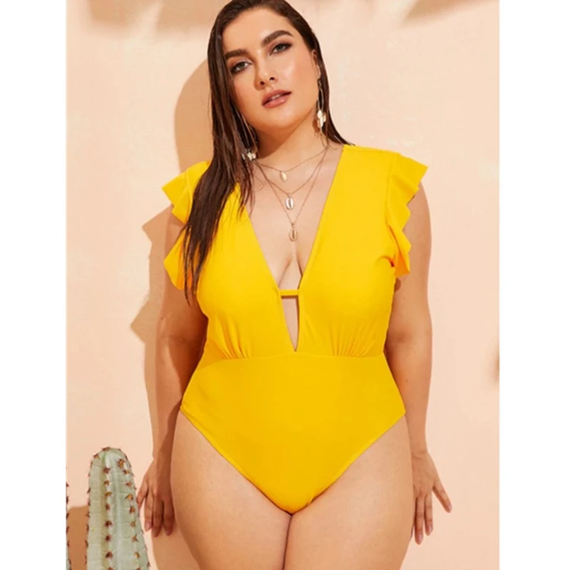 Женский слитный купальник с оборками неоновый сексуальный монокини глубоким V