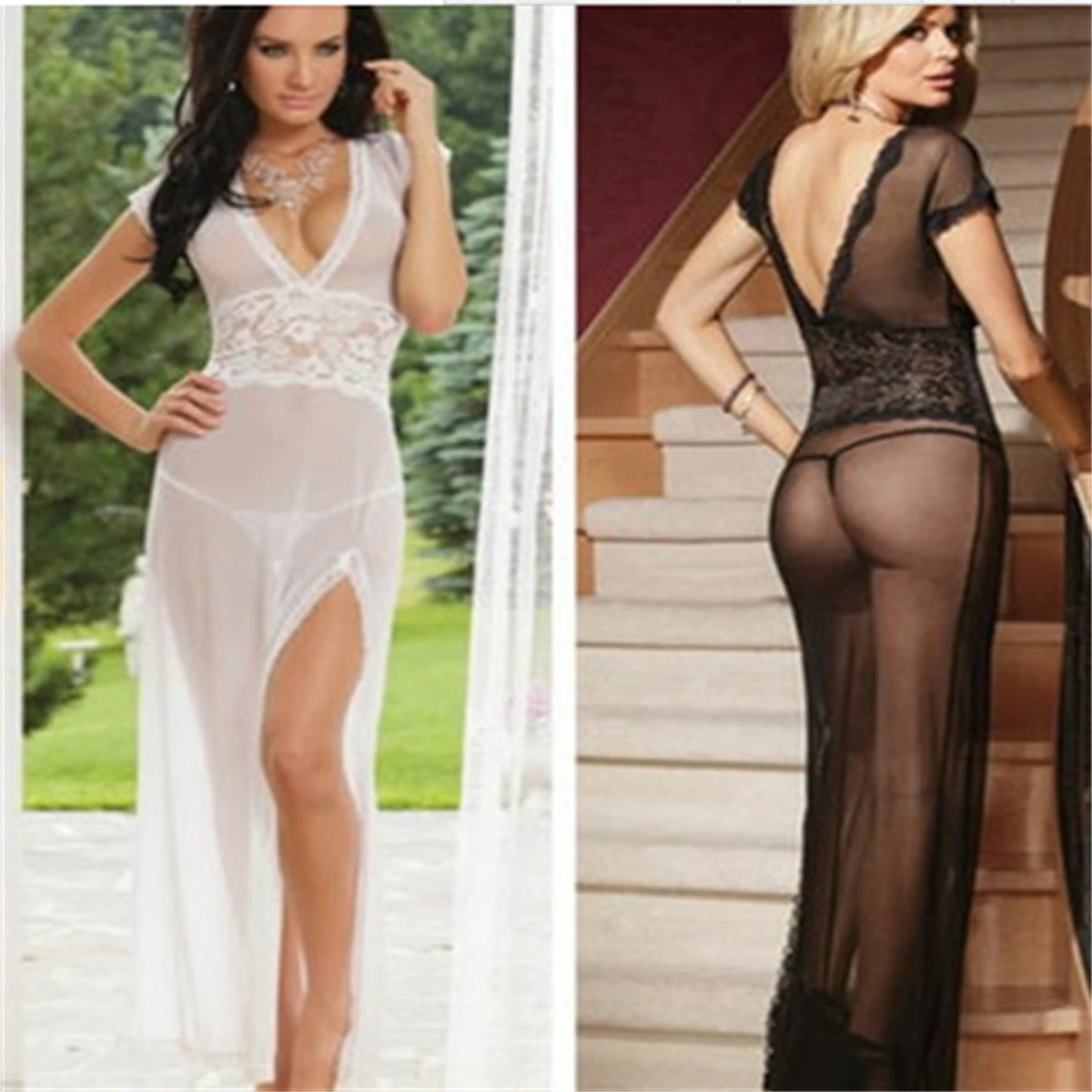 

Women's Pure Color Mesh Lace See-Through Temptation Slim Nightdress Pajamas Deep V Backless Hollow Slit Long Skirt Sexy Lingerie