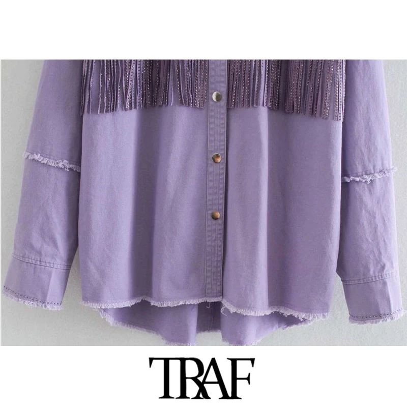 

TRAF Women Fashion With Studs Fringe Loose Denim Jacket Coat Women Vintage Long Sleeve Frayed Female Outerwear Chic Tops