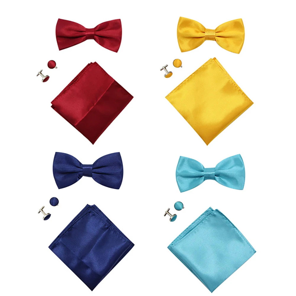

3pcs/set Fashion Wedding Party Cravat Bowknot for Men Solid Color Necktie Set Butterfly Bowtie Pocket Handkerchief Cufflinks new