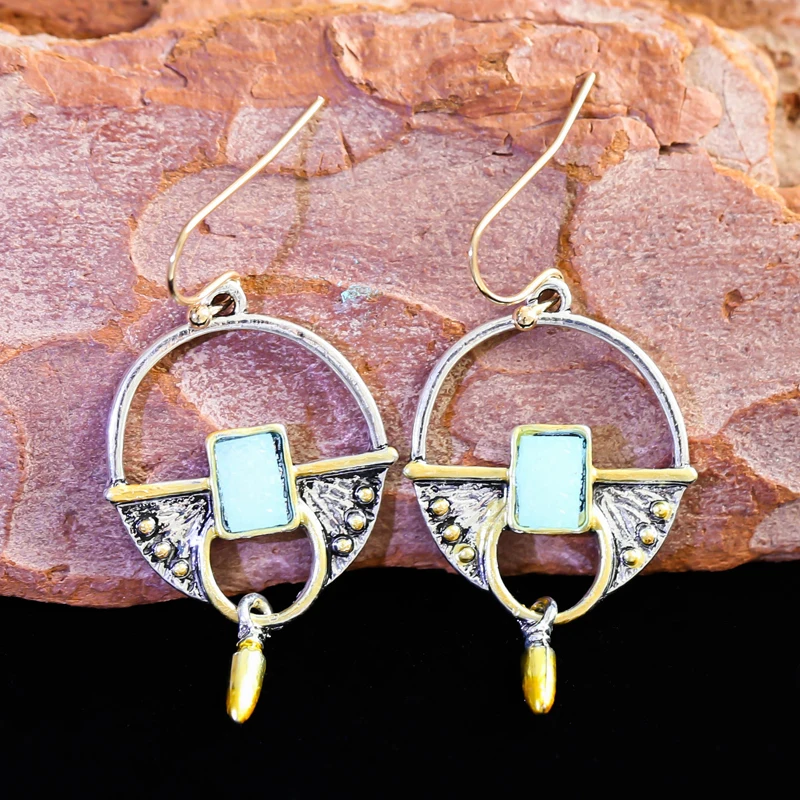 Boho Tribal полые круглые пули инкрустировано синим камнем серьги винтажные женские