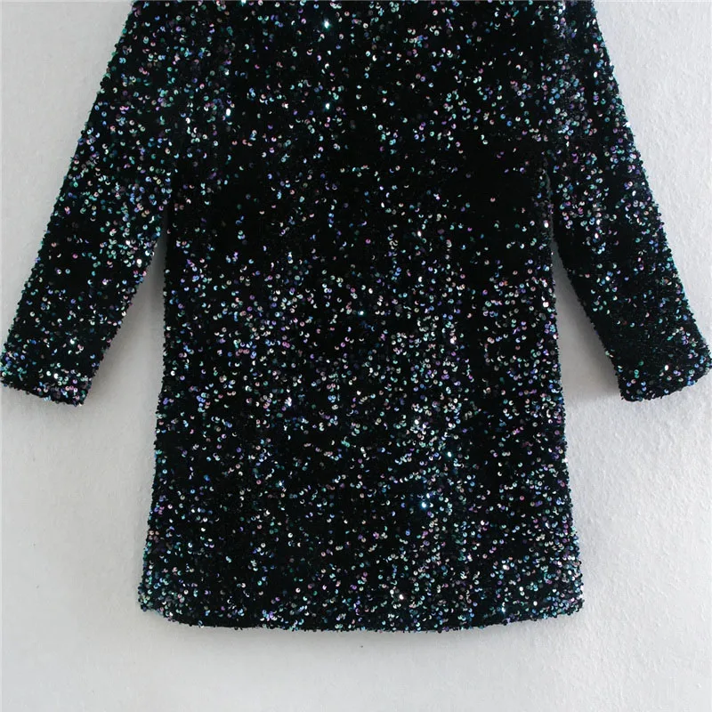 

Qeils Women 2021 Sexy Fashion Shiny Sequin Mini Dress Casual Vintage O Neck Long Sleeve Party Female Dresses Vestidos Mujer