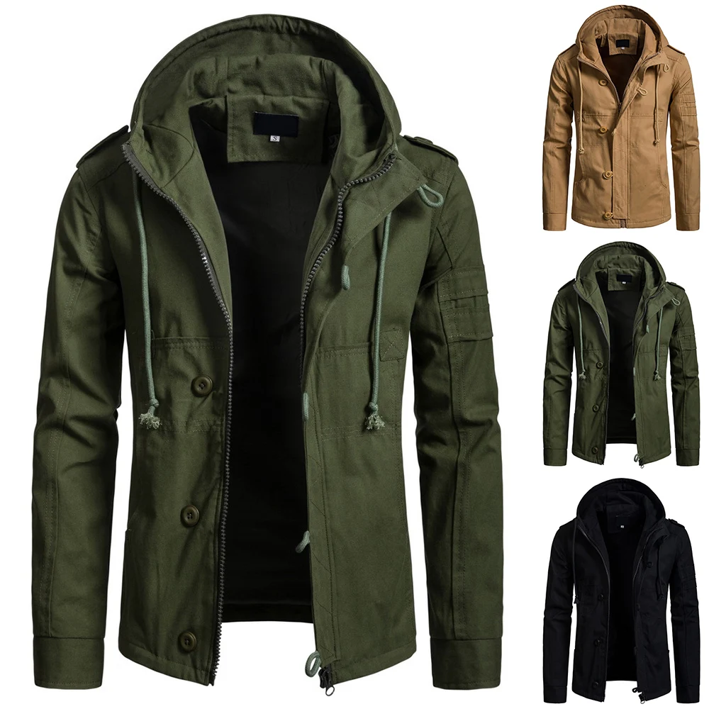 

2022 New Men's Jackets Hooded Long Sleeve Solid Pockets Casual Spring/Autumn Outerwear Zipper Turn-down Collar Drawstring Coat