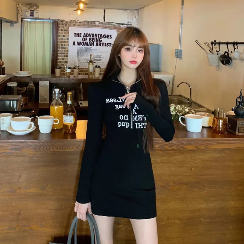 

Tight Dresses For Girl 2021 High Collar Woman Dress 2021 New One-Piece Letter Dresses Sexy Hip Skirt Korean Style Mini Skirt
