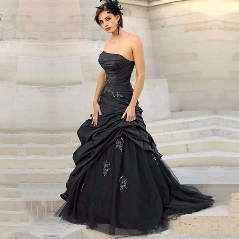 Gothic Black Mermaid Wedding Dress Strapless Taffeta Ruched Custom Made Vintage Bridal Gown image 4