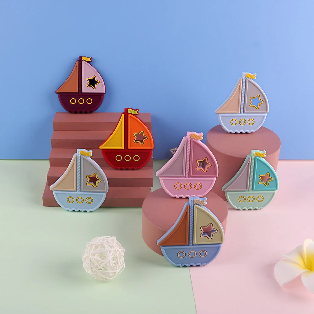 

Sunrony 5Pcs Silicone Sailboat Teether Baby Dental Care Beads Nipple Chain Molar Ring Cartoon Toy Gift BPA Free