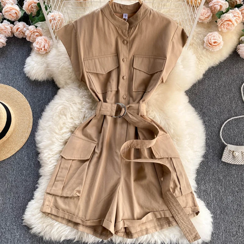 

FTLZZ 2022 новые летние женские комбинезоны в стиле ретро сафари однобортные комбинезоны с широкими штанинами повседневные Комбинезоны с завыш...