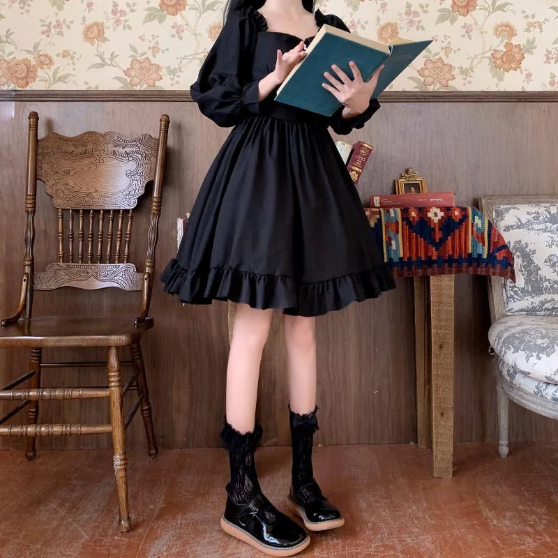 

2021 Japanese Summer Fall Women Princess Mini Dress Square Collar White Pink Lolita Dress Soft Girl Cute Ruffles Kawaii Dresses