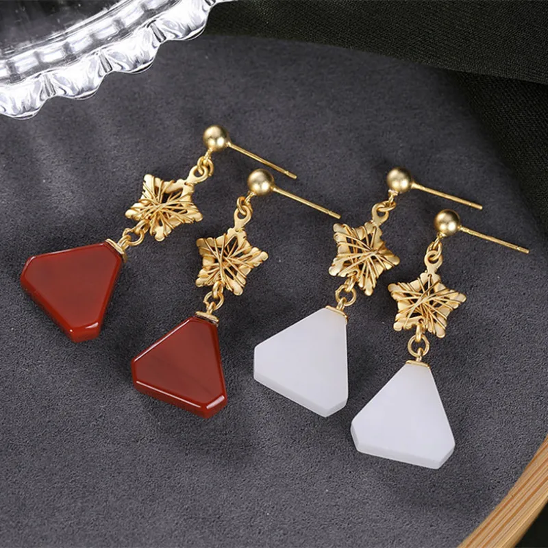 Женские золотые серьги ручной работы из нефрита и агата ювелирные изделия |