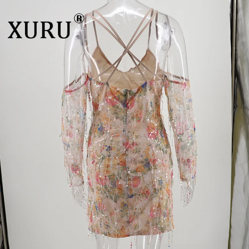 

XURU Nightclub Women's Sling Sexy Backless Tassel Sequin Dress 2020 New Women's Sequin Dress