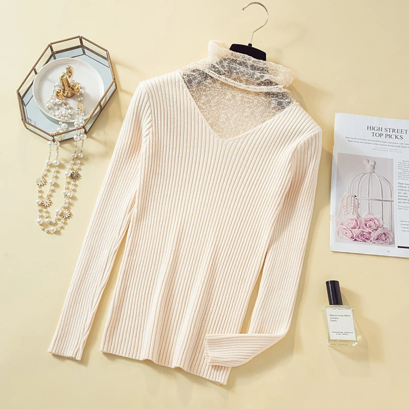 Кружевной пуловер в стиле пэчворк с высоким воротником свитер для женщин зимний