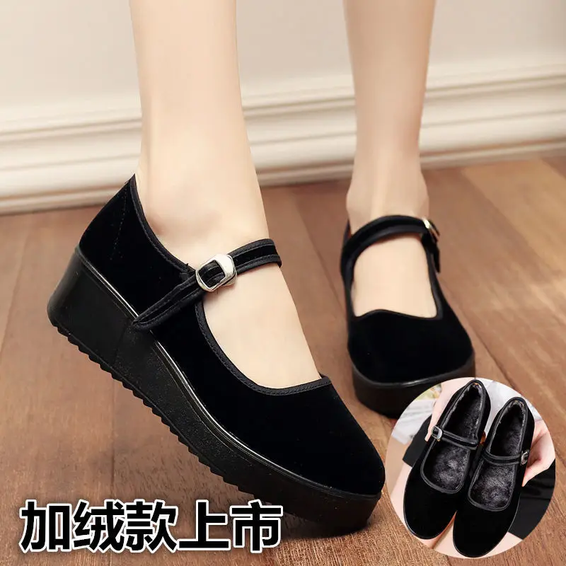 

33-42 Shoes Woman Big Size Platform Thick Bottomed Women's Flat Shallow Mouth Shoes Dance Shoes Ballet Slanted Heel Black
