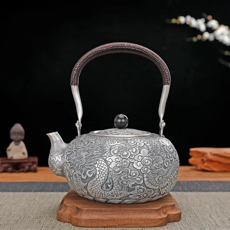 Silver Kettle Pure Silver 999 Pure Hand Carved Xianglong Chinese Retro Home Tea Set Pure Silver Pot