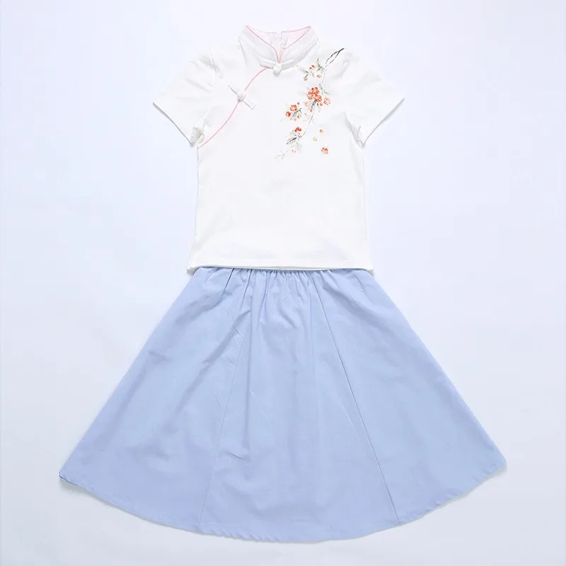 

Parent-child Mother Women Sets Cotton Linen Big Swing Two-piece Skirt Chinese Style Stand Collar Pullover Print 2 Piece Set
