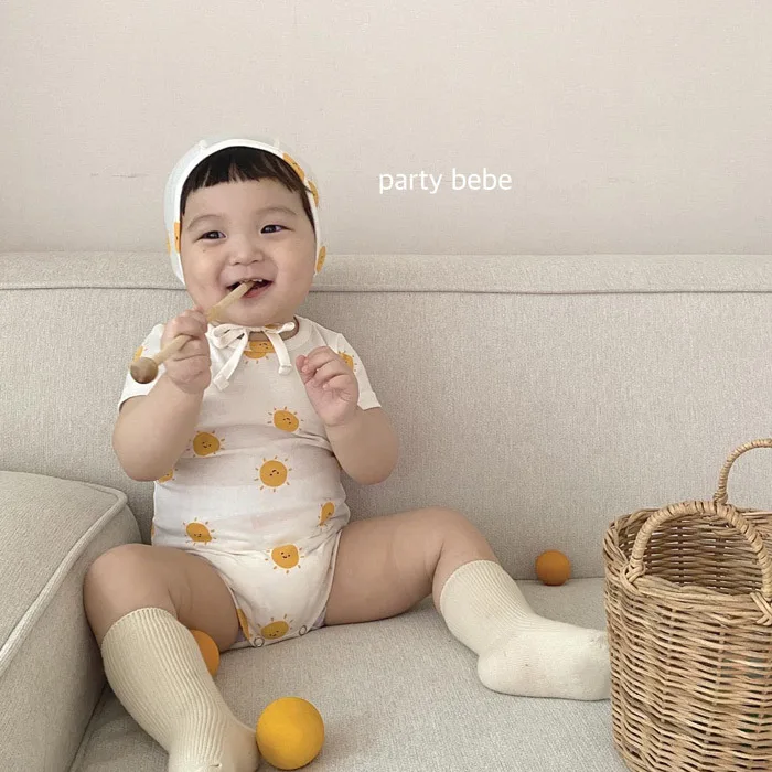

Kid Baby Boy Girl Cartoon Sun Pattern Cotton Casual Short Sleeve Bodysuit Summer New Toddler Cute Thin Bodysuits + Hat