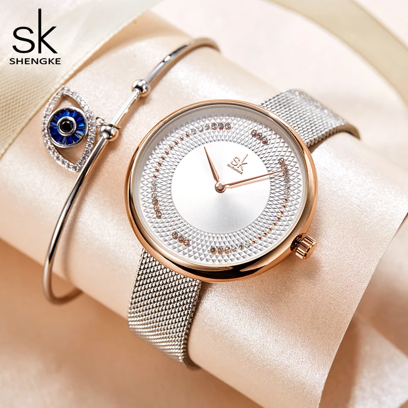 Shengke New Fashion Women Silver Watch Quartz Dial Ladies Watches Waterproof Stainless Steel Mesh Band Watches For Female 2021