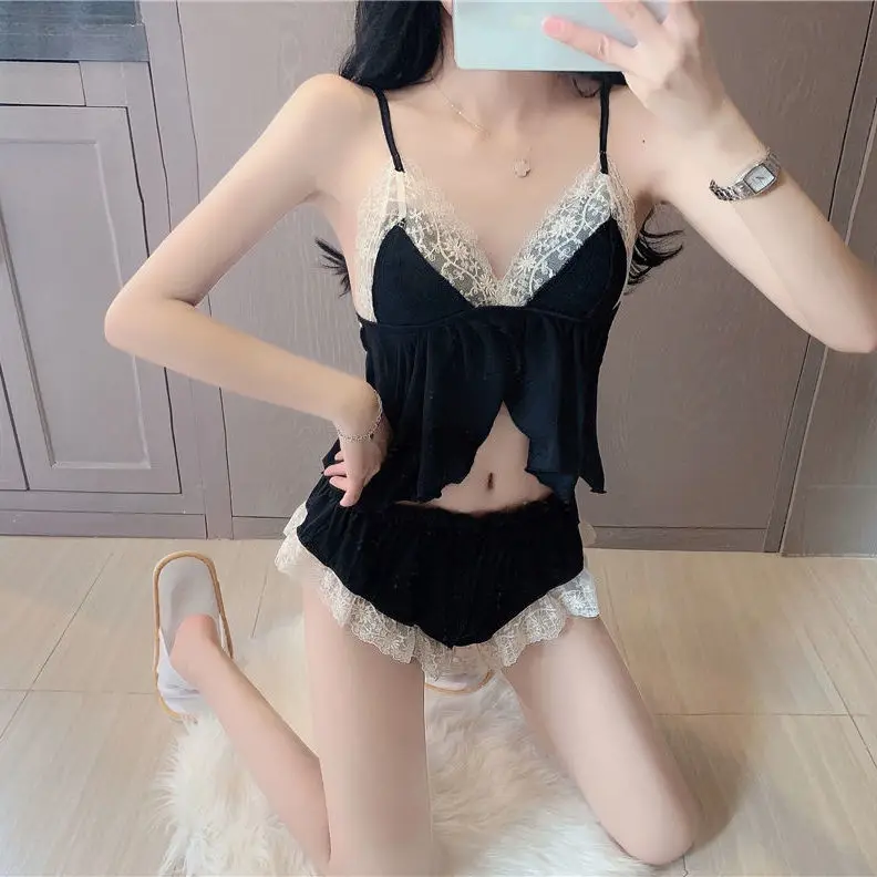 

Sexy pajamas set, sexy suspender, navel exposed + Lace Edge Shorts PAJAMAS [end on June 29]