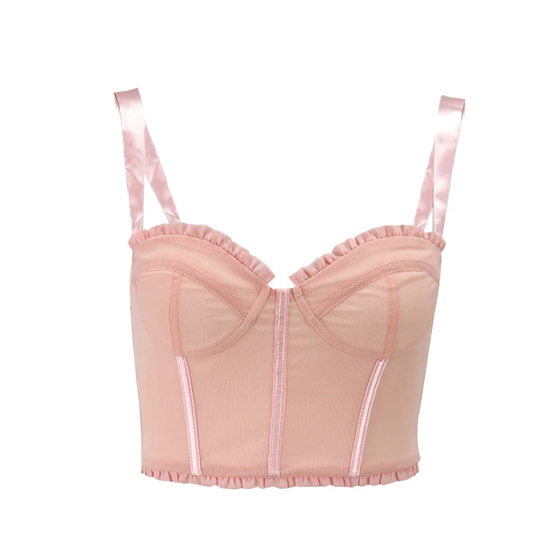 

Women Summer Corset Crop Tops Underwire Mesh tops Women Sexy Boned Crop Tops Summer Ruffles Back Single-Breasted Bustier