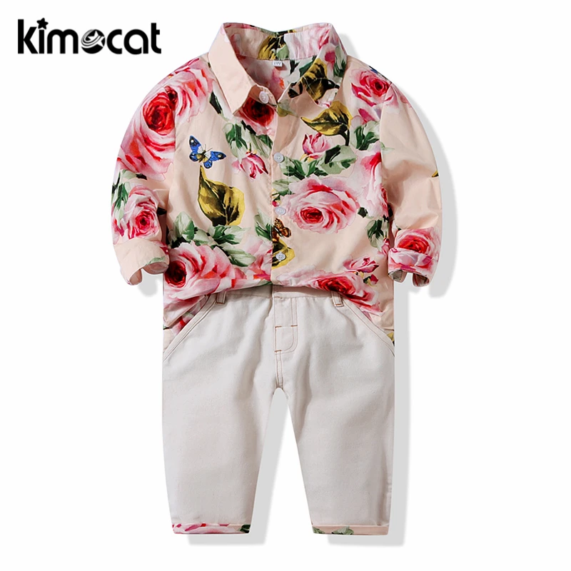 

Комплект одежды Kimocat для маленьких мальчиков, рубашка с длинным рукавом и белые брюки, повседневный красивый комплект одежды для мальчиков ...