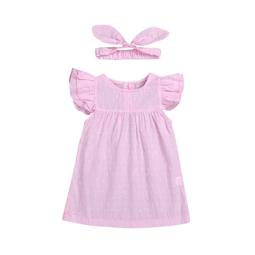 Girls Summer Outfits Toddler Kids Baby Sleeveless Solid Frill Princess Dress + Headband Outfit Vetement Fille For 6M-2Y | Детская одежда