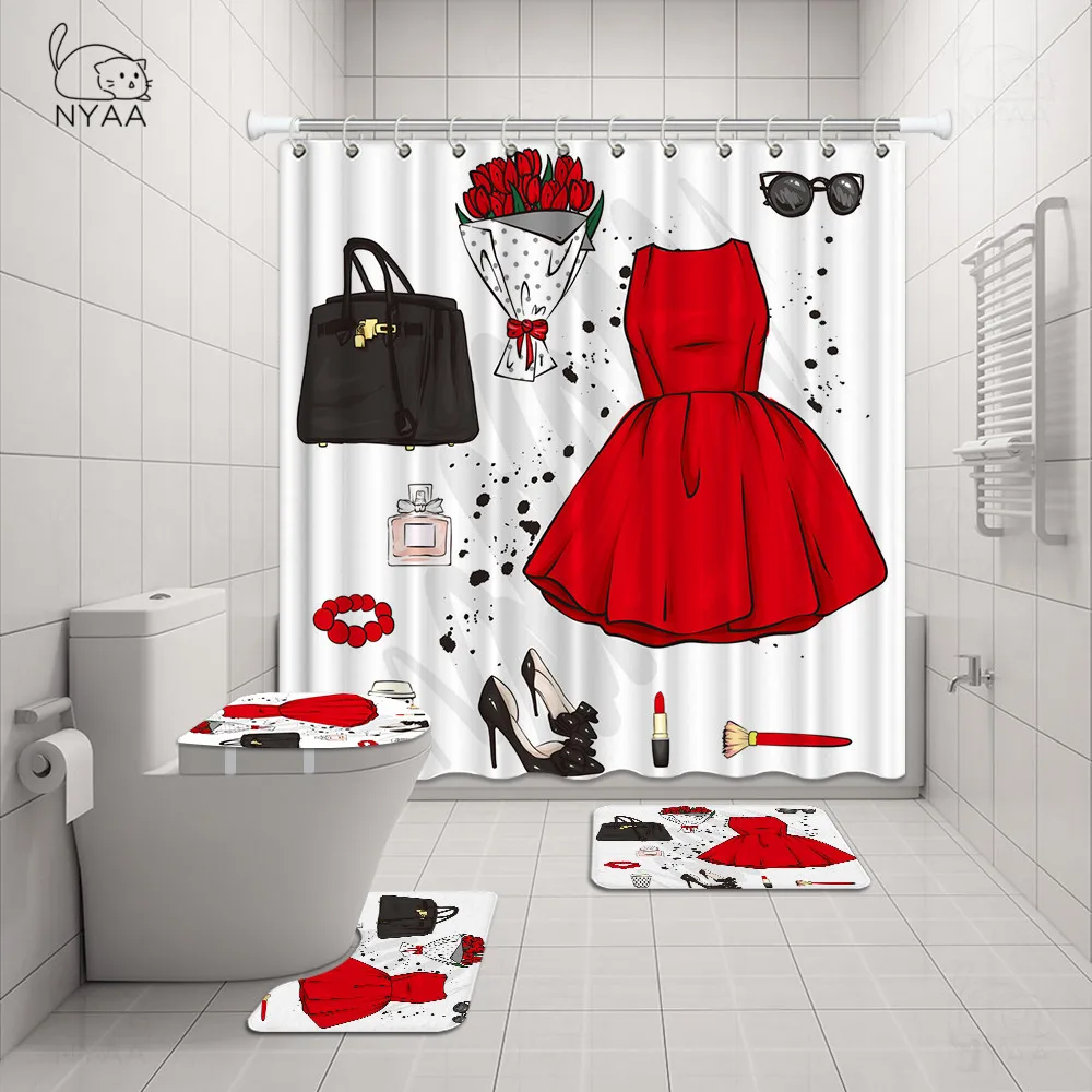 

Fashion Girl Stripe Black And White Bath Curtains Waterproof Polyester Fabric Washable Bathroom Shower Curtain Set With Hooks