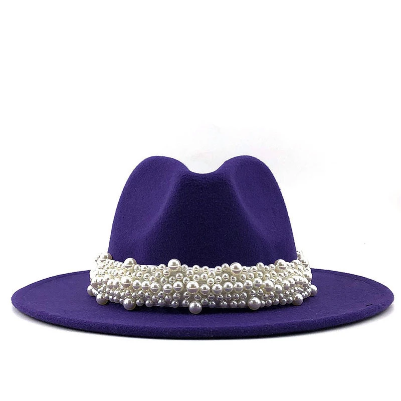 Fedora Hat With Pearl Ribbon Gentleman Elegant Lady Winter Autumn Wide Brim Church Panama Sombrero Jazz Cap 60CM
