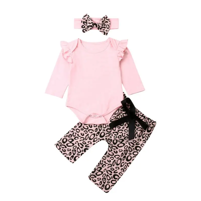 

3PCS Infant Toddler Baby Girl Clothes Floral Ruffle Romper Long Sleeve Bodysuit Halen Pants Headband Outfits